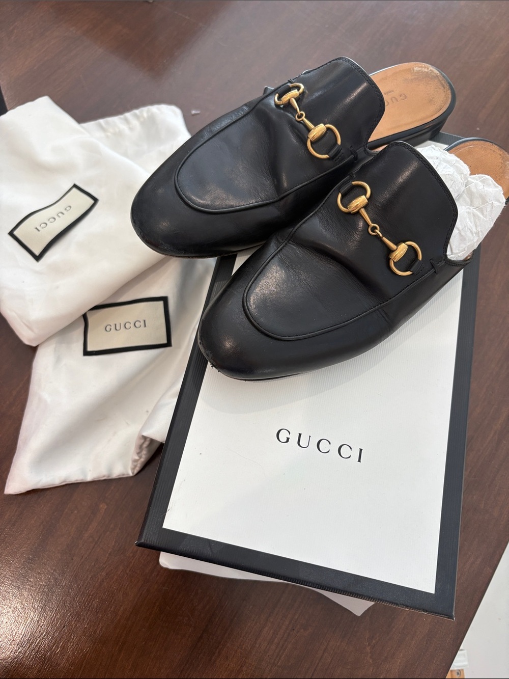 Gucci princetown Black Leather Horsebit Backless Loafers
